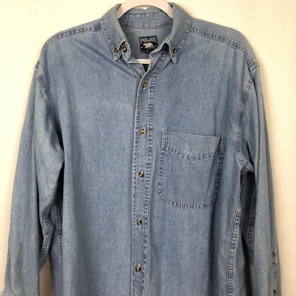 Mens Button Up Size Large Chambray Shirt Designated Driver Polar - Picture 2 of 7